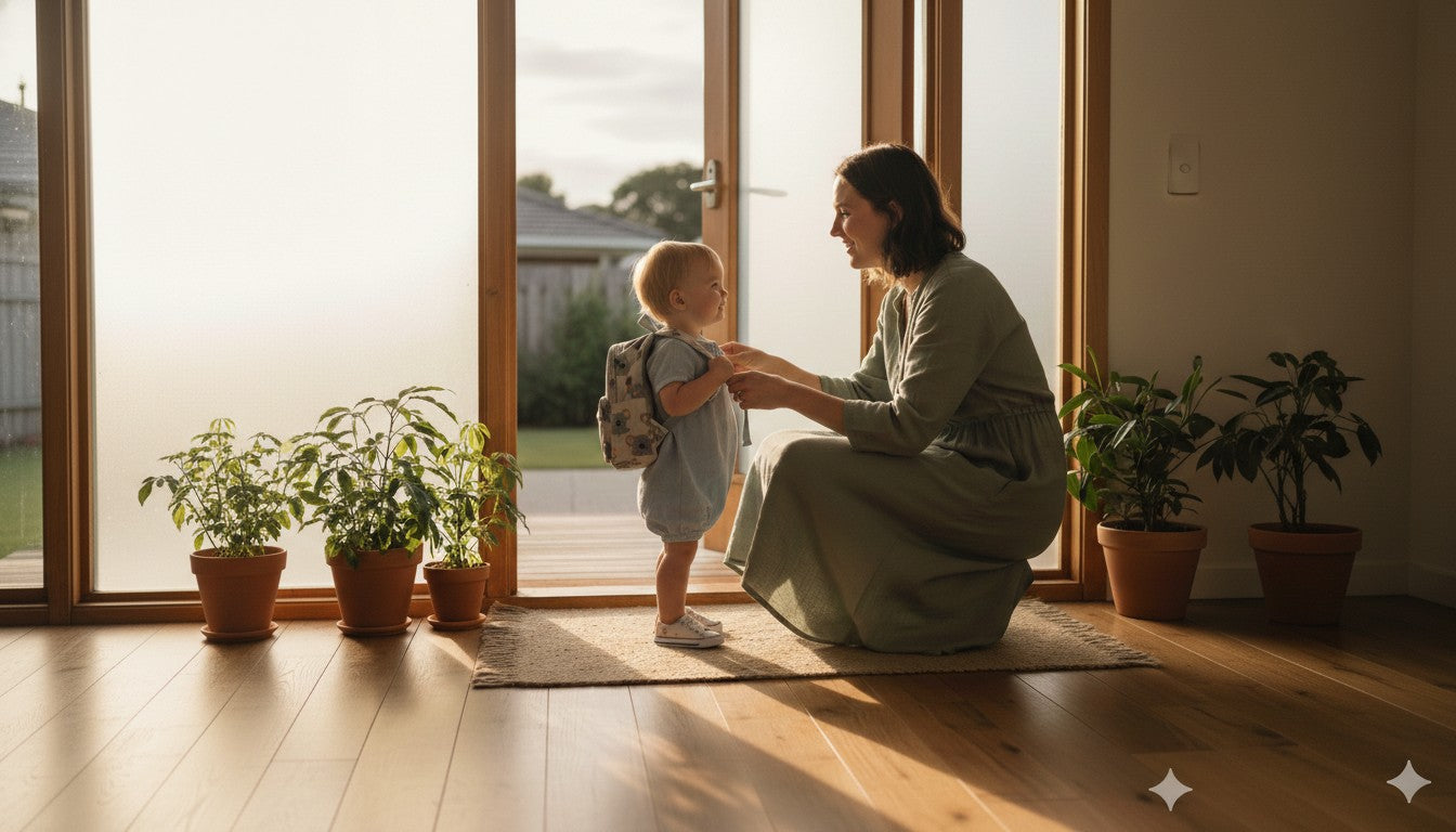 Toddler washing hands independently using adjustable learning tower kitchen helper.