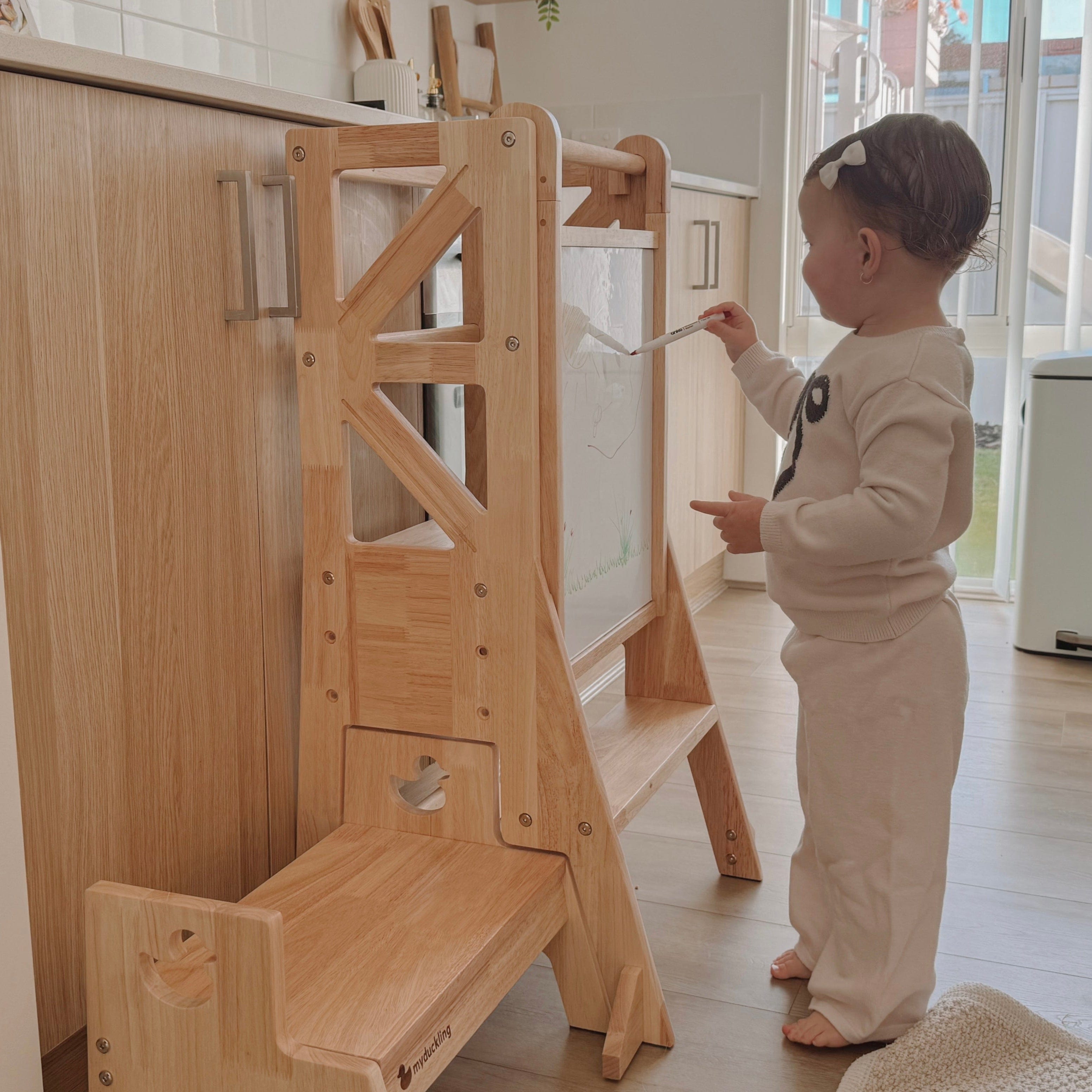 My Duckling JALA Deluxe Solid Wood Adjustable Learning Tower - Flag with Duck Stool Handle