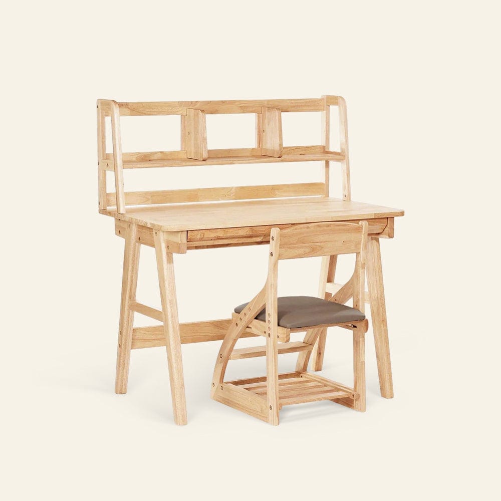 My Duckling The Full Little Scholar: Desk, Shelf & Chair Set NALA Montessori Solid Wood Study Desk / NALA Montessori Solid Wood Desktop Shelf / Khaki