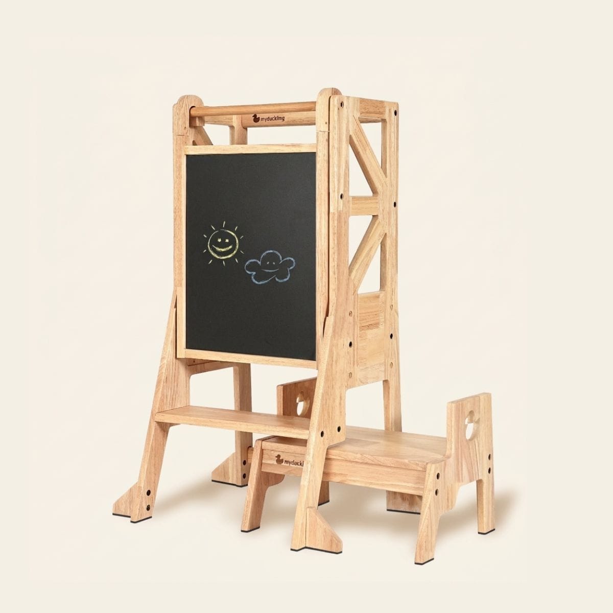 myduckling JALA Deluxe Solid Wood Adjustable Learning Tower - Flag with Duck Stool Handle