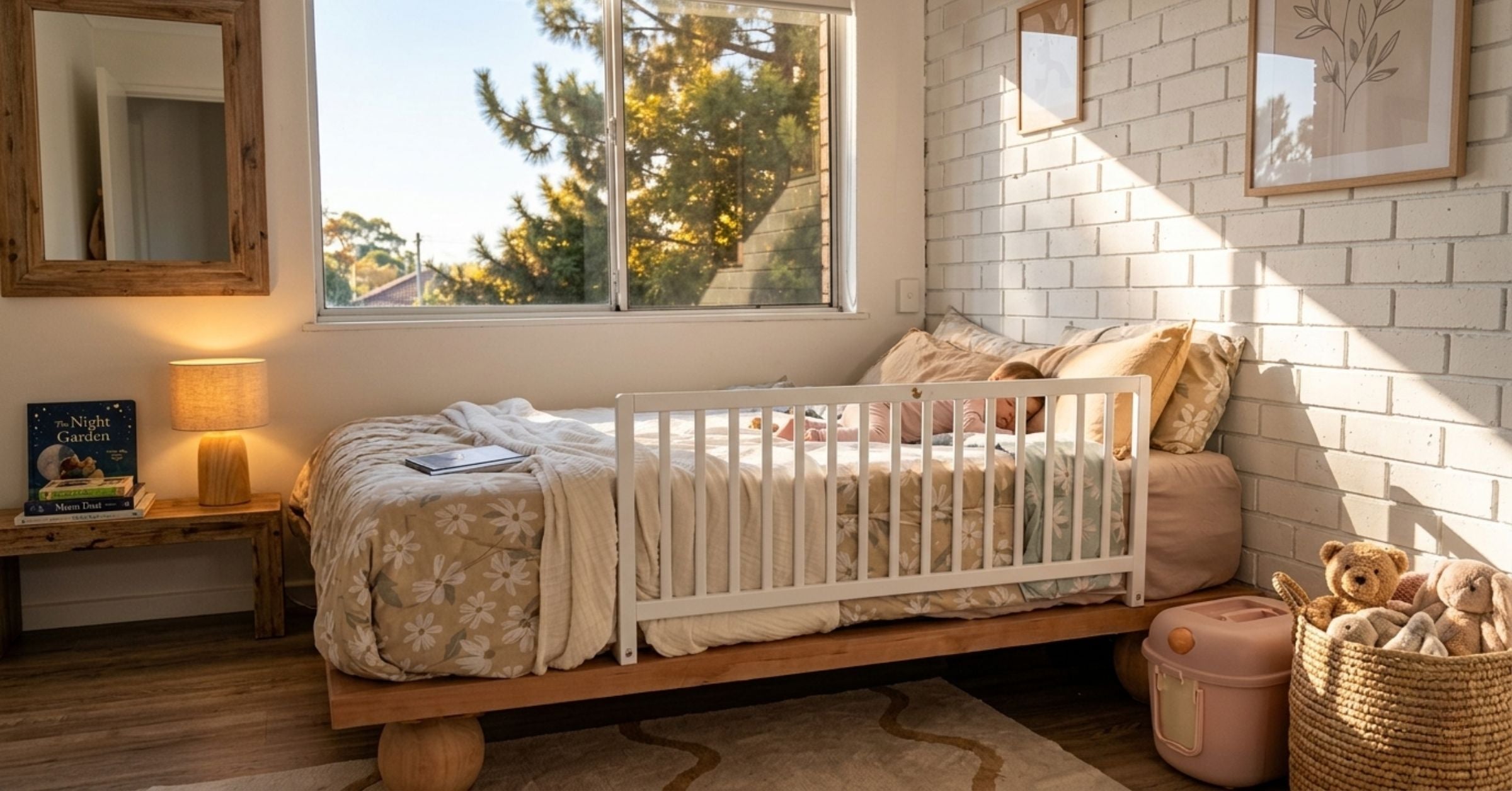 Toddler sleeping in bed with myduckling ELI solid wood bed rail attached