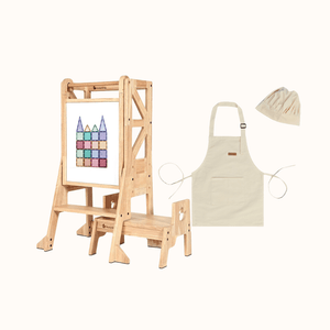 My Duckling Mini Chef: 2025 New Solid Wood Adjustable Learning Tower 3in1 - Deluxe (Flag with Duck Stool Handle) Set