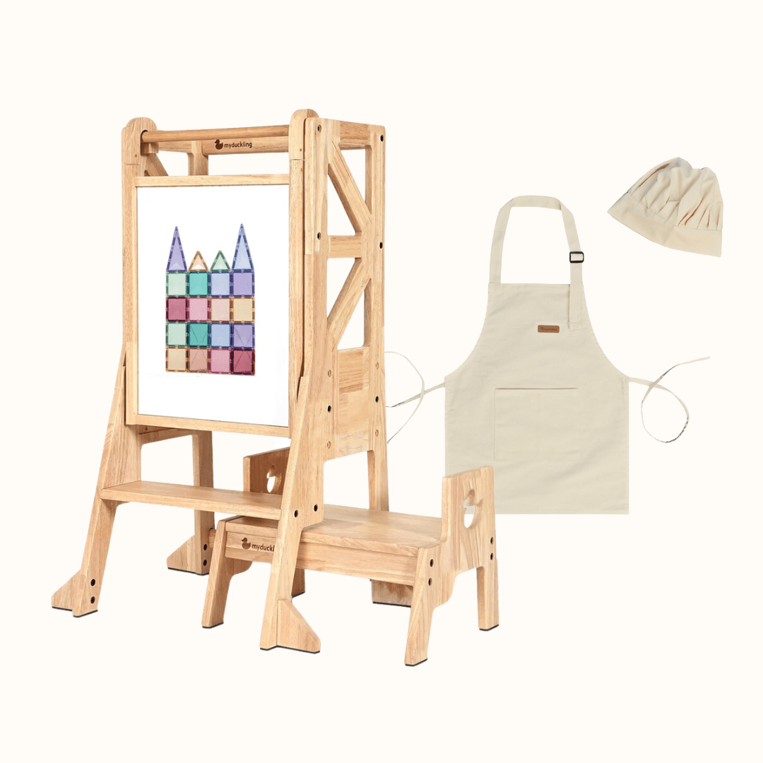 My Duckling Mini Chef: 2025 New Solid Wood Adjustable Learning Tower 3in1 - Deluxe (Flag with Duck Stool Handle) Set