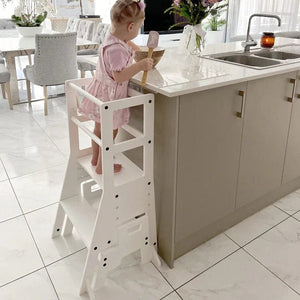 My Duckling The Full Mini Chef: My Duckling Adjustable Learning Tower with Stool set White / Cream / Cutting Knife Set